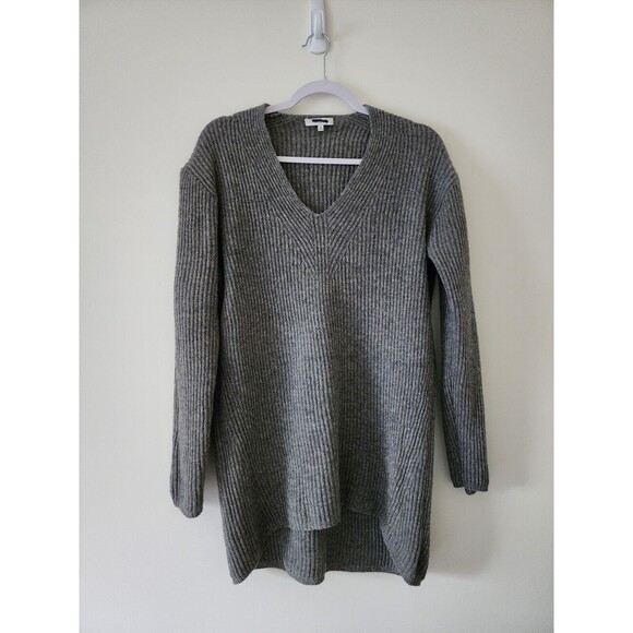 Madewell Womens Wool Long V-Neck Sweater M Gray Droptail Rib-Stitch Knit *FLAWS* - Picture 2 of 10